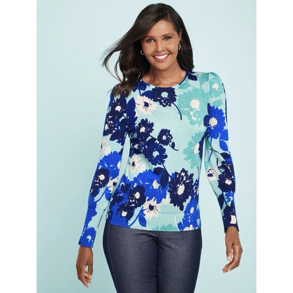 Talbots Womens 1X Floral Sweater Lightweight Cotton Tencel Bloomcore Blue XL - Picture 1 of 12